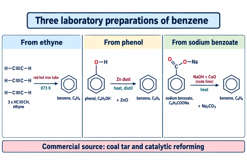 Three laboratory routes to benzene from ethyne from phenol and from sodium benzoate