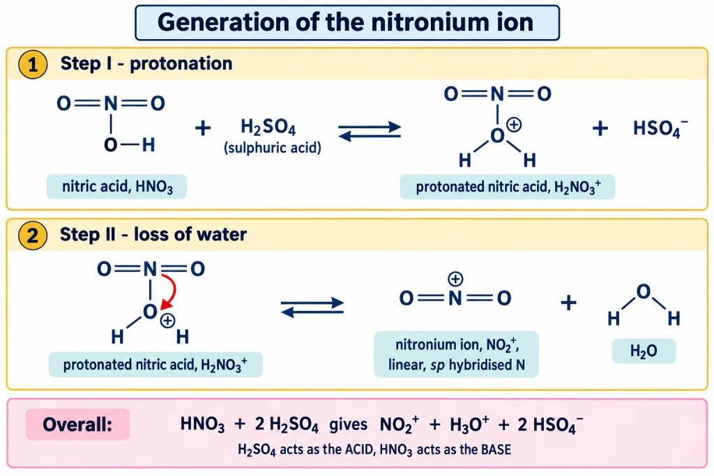 Two step generation of the nitronium ion from nitric acid and sulphuric acid