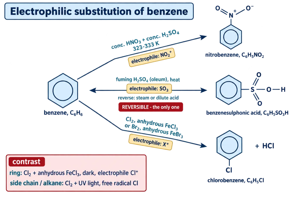 Benzene converted to nitrobenzene benzenesulphonic acid and chlorobenzene with reagents and electrophiles
