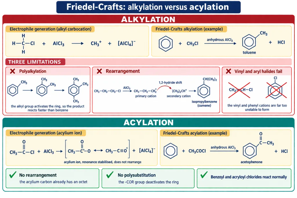 Friedel-Crafts alkylation and acylation compared with limitations and products