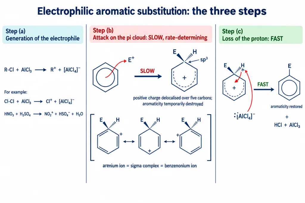 Three step mechanism of electrophilic aromatic substitution through the arenium ion