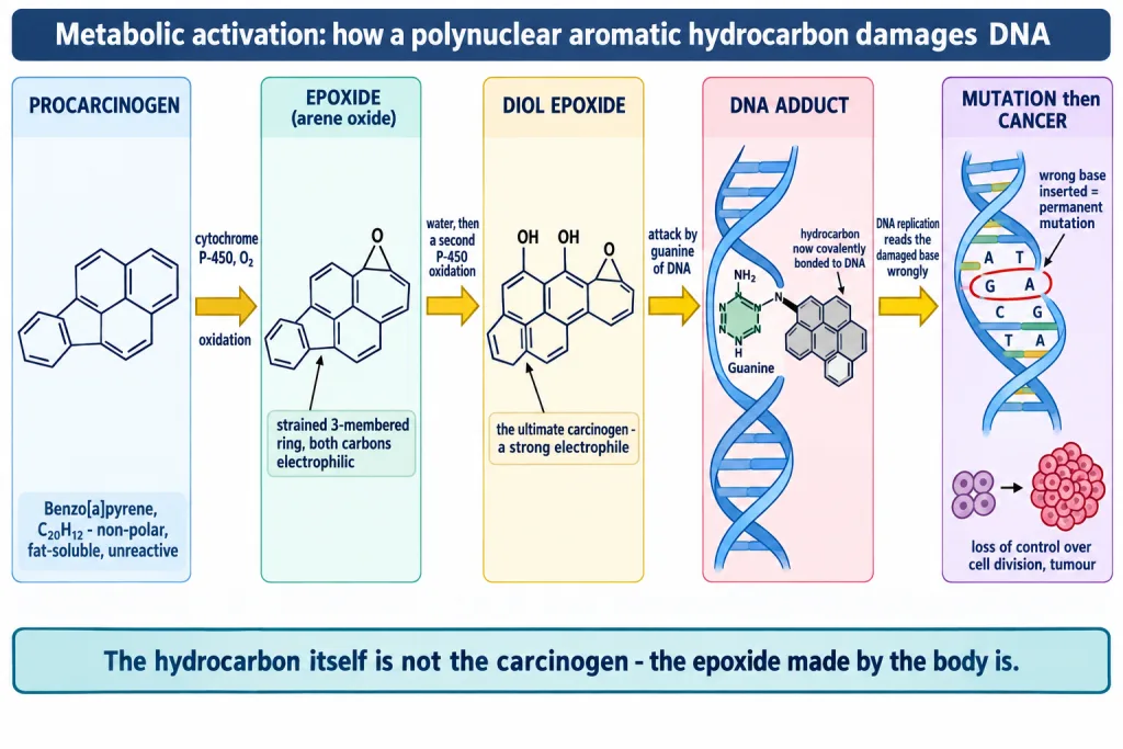 How a fused-ring hydrocarbon is oxidised to an epoxide that bonds covalently to DNA