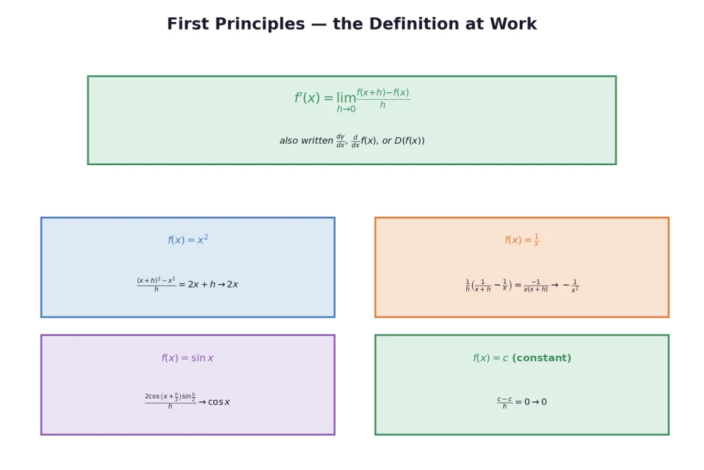 First principles worked for x squared one by x sin x and constants