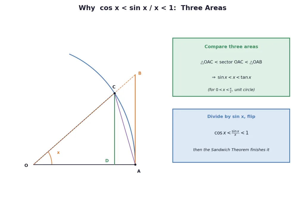 Unit circle area comparison proving sin x less than x less than tan x