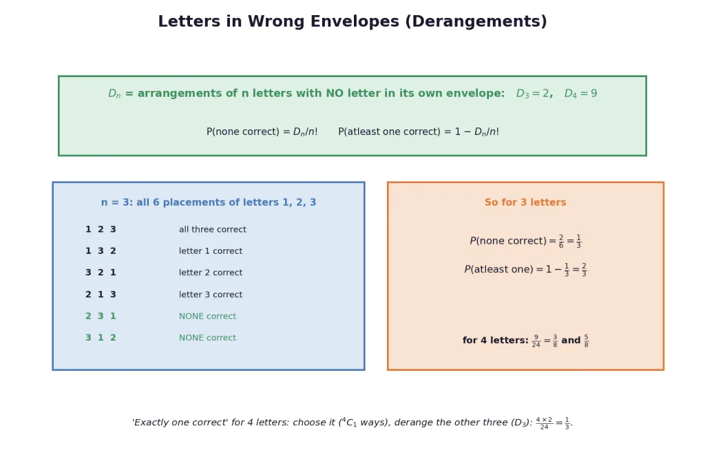 All six letter placements for three envelopes with the two derangements highlighted