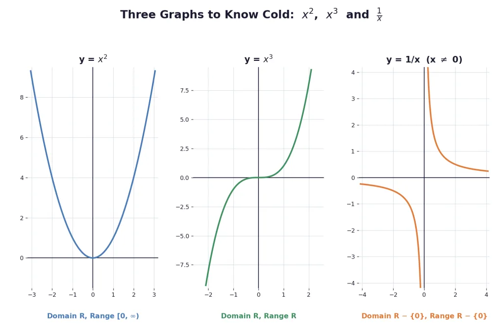 Graphs of x squared x cubed and one over x