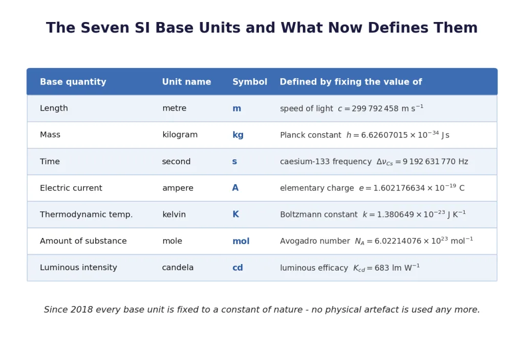 Table of the seven SI base units and the constants that define them