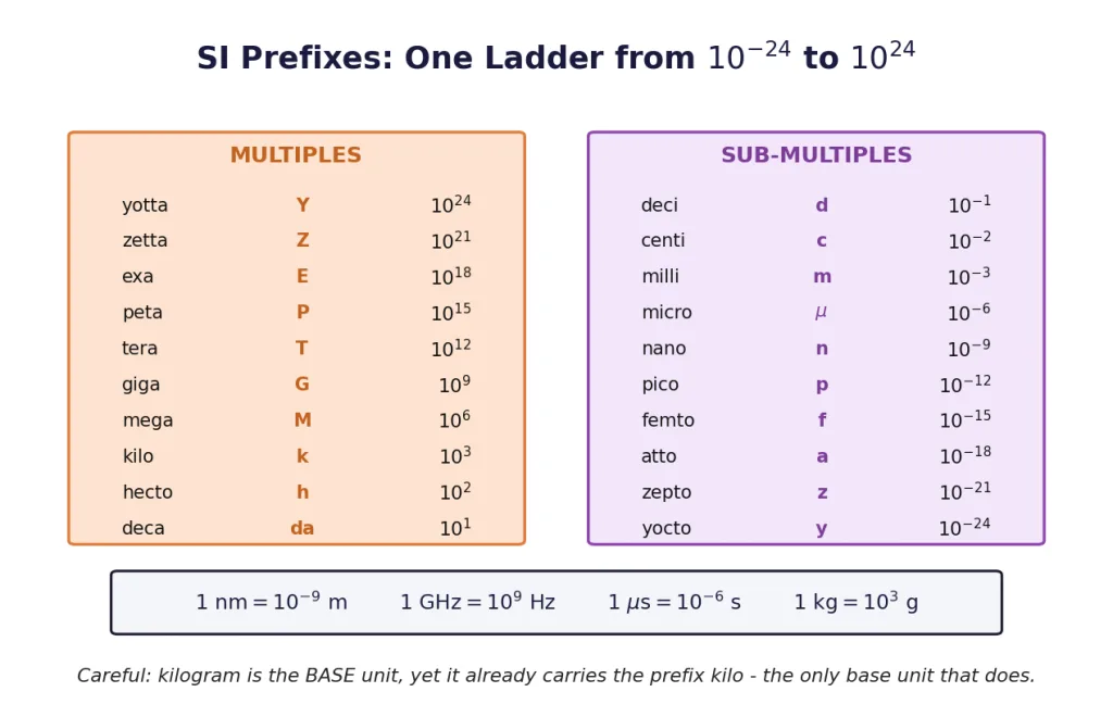 Table of SI multiple and sub-multiple prefixes from yotta to yocto