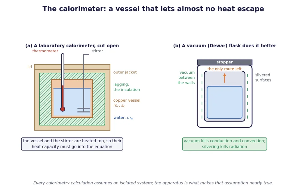 Cutaway laboratory calorimeter beside a vacuum flask, showing insulation and silvering