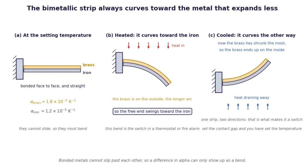 Bimetallic strip straight, then curving toward the iron when heated