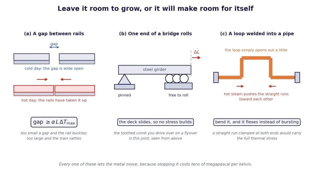 Rail gap, bridge roller bearing and steam-pipe loop, three ways to allow expansion
