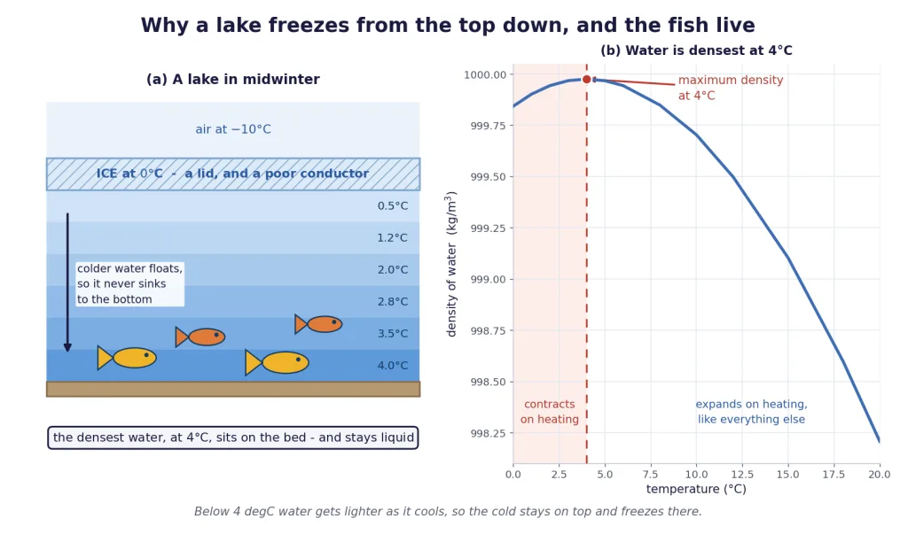 Winter lake with ice on top, four degree water below, and density curve