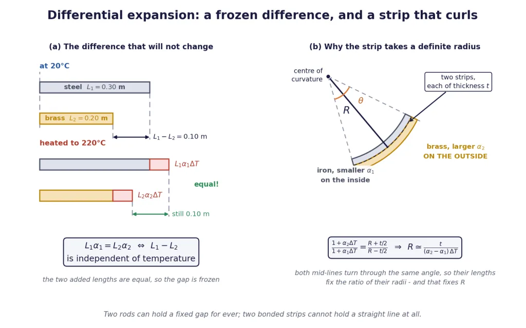 Two rods keeping a fixed gap, and a bimetallic strip radius of curvature