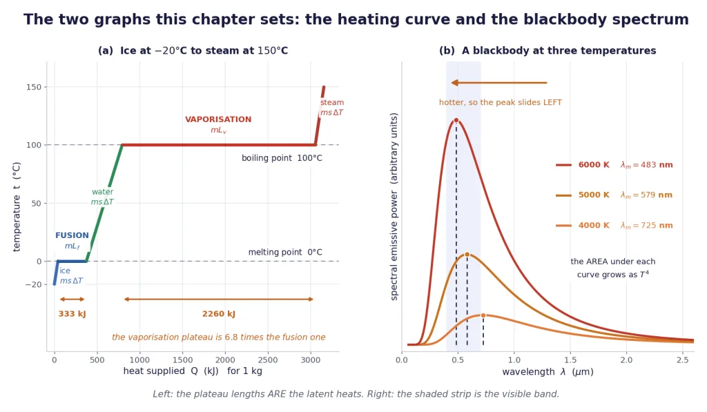 The ice to steam heating curve beside the blackbody spectrum at three temperatures