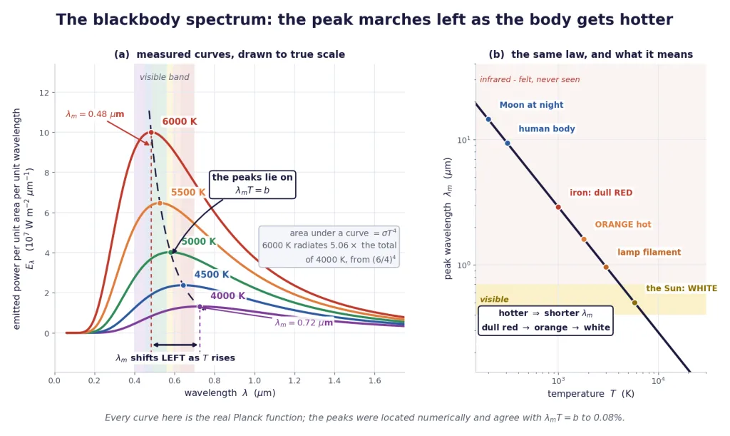 Blackbody curves at five temperatures with the peak shifting left as temperature rises