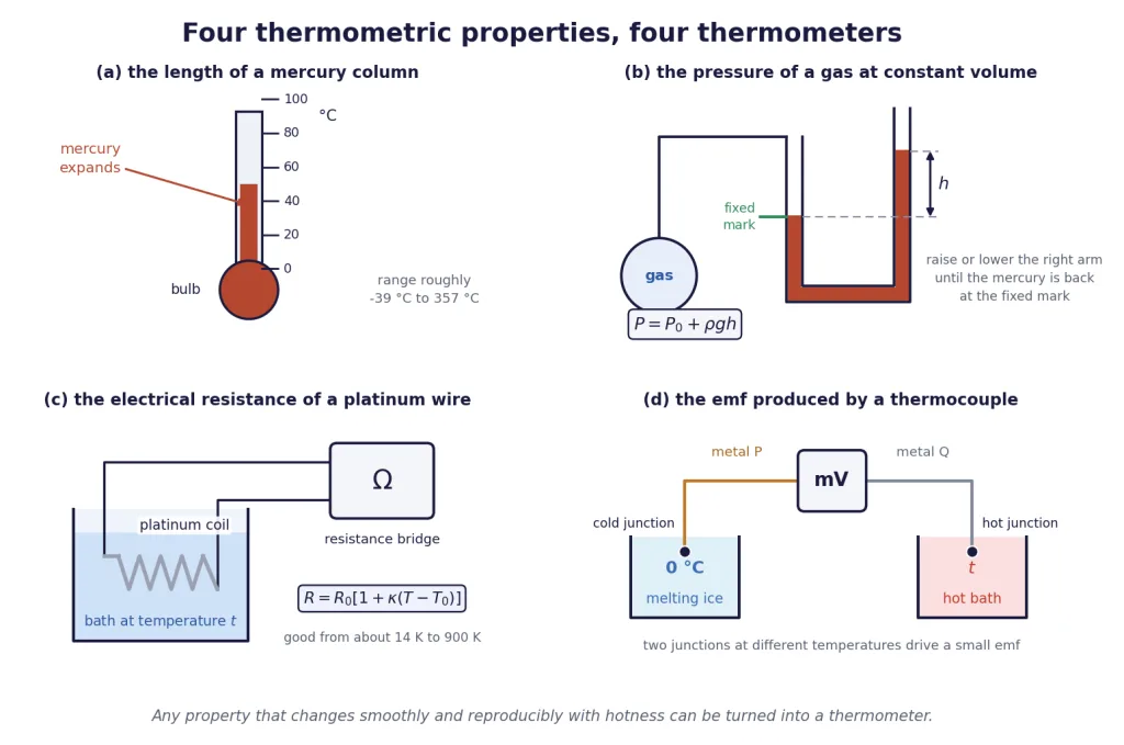 Four thermometers: mercury column, gas pressure, platinum resistance, thermocouple emf