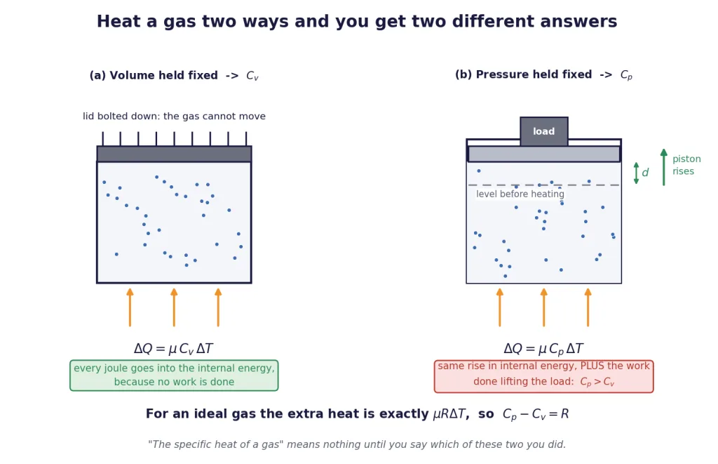 Gas heated at constant volume and at constant pressure, showing why Cp exceeds Cv