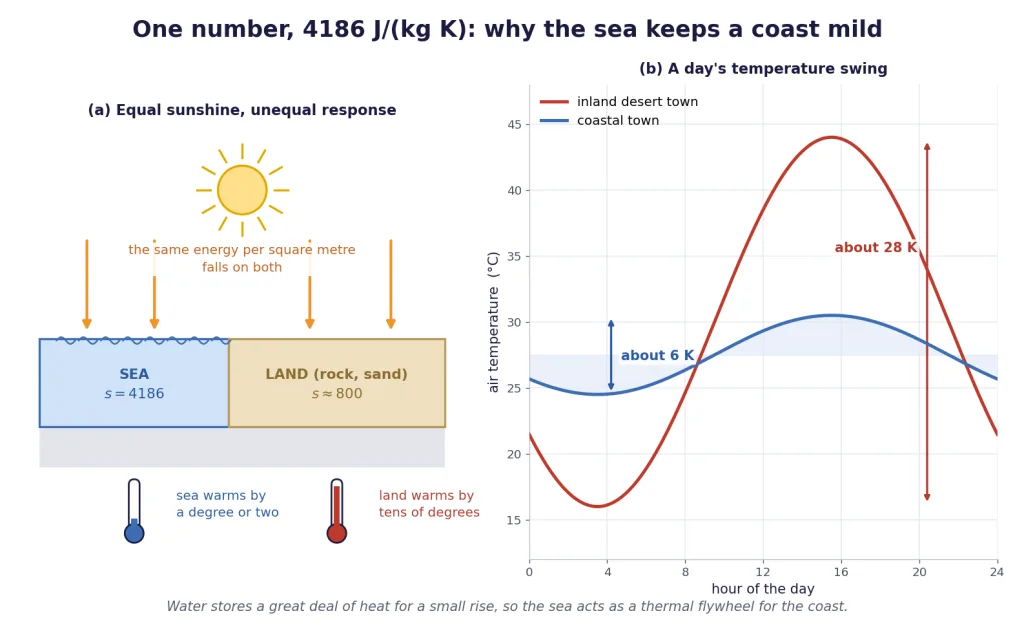 Equal sunshine on sea and land, and the daily temperature swing at each
