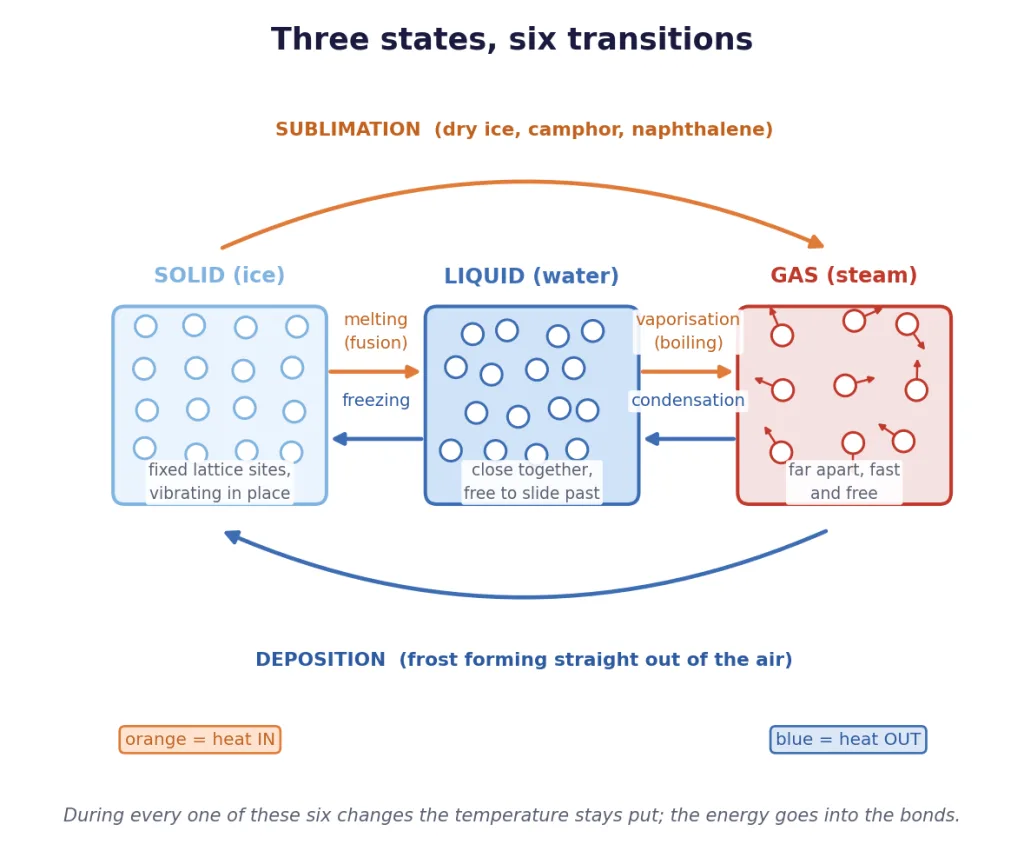 Solid, liquid and gas as molecular pictures with all six transitions named