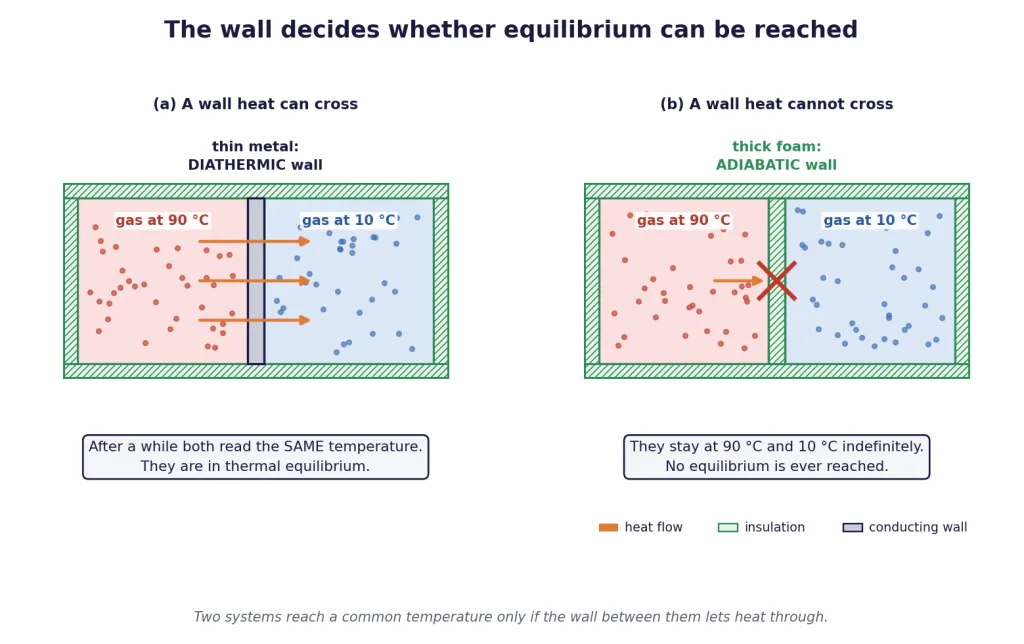 Diathermic wall lets heat cross, adiabatic wall keeps the two temperatures apart