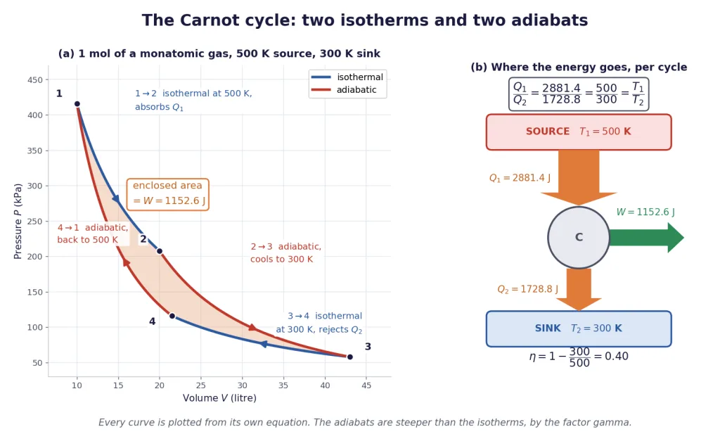 Carnot cycle on pressure volume axes with its enclosed work area shaded