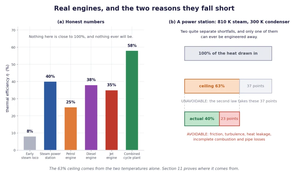 Real engine efficiencies, and a power stations unavoidable and avoidable shortfalls