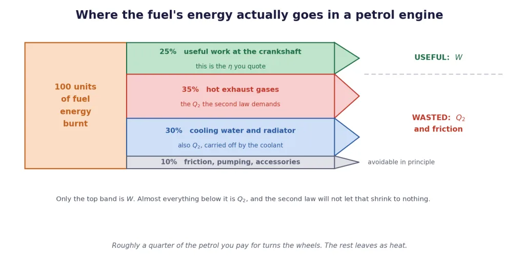Where a petrol engines energy goes: work, exhaust, coolant and friction