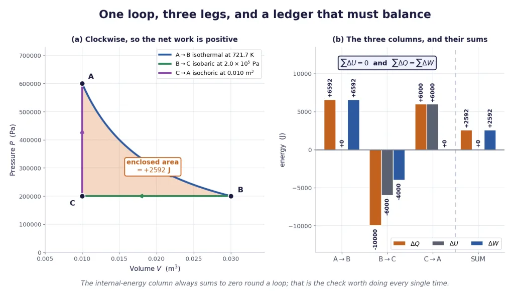 Three-leg clockwise cycle with its leg-by-leg heat, work and energy ledger