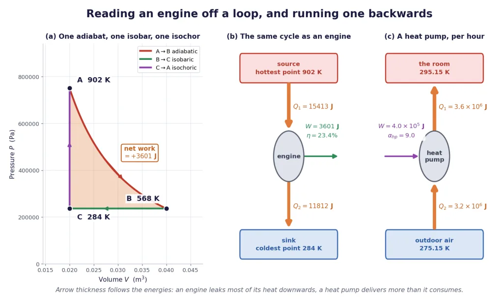 Engine cycle plus engine and heat-pump schematics with labelled energy flows