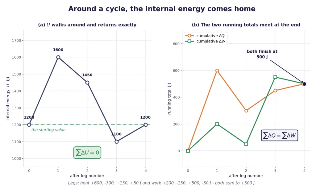 Around a cycle internal energy returns to its start value