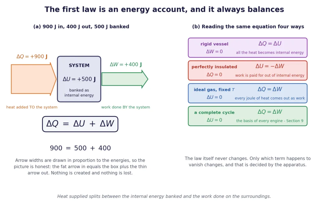Heat in splits into internal energy stored and work done by the system