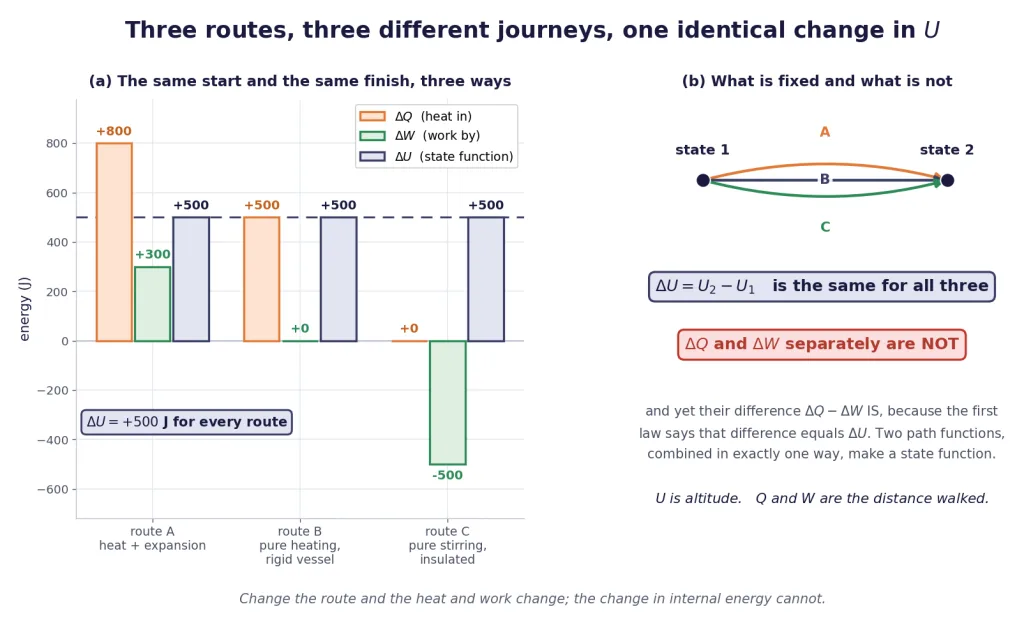 Three routes between the same two states give different heat and work