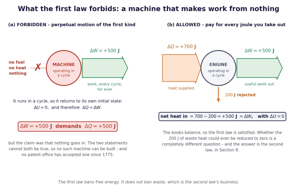 A machine making work from nothing is forbidden by the first law