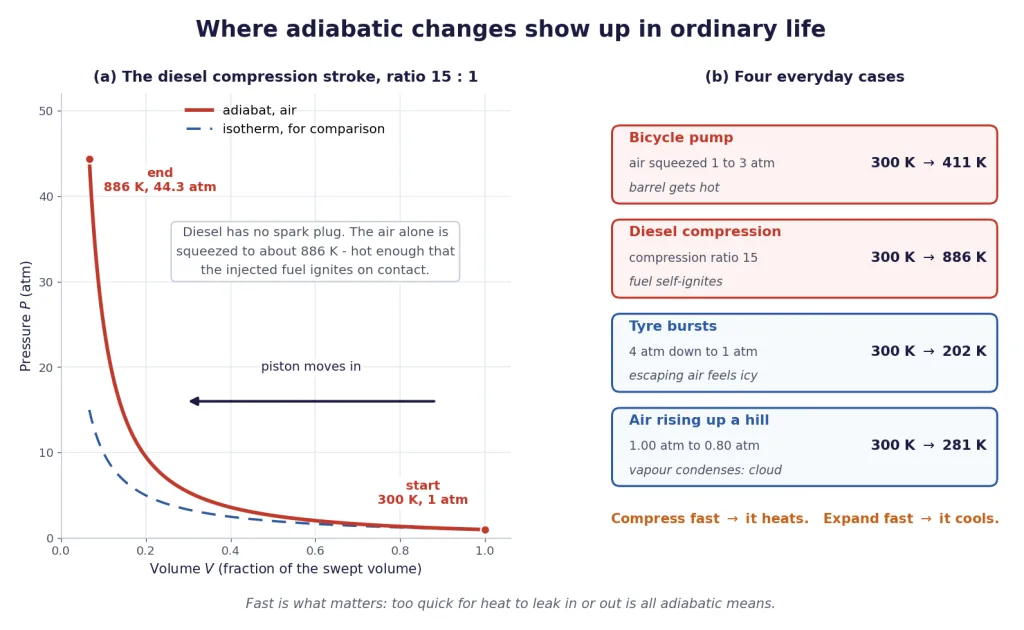 Diesel compression stroke as a real adiabat, plus four everyday adiabatic events