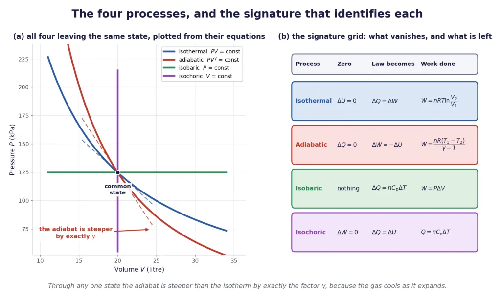 Four processes from one point on pressure volume axes, with a signature grid