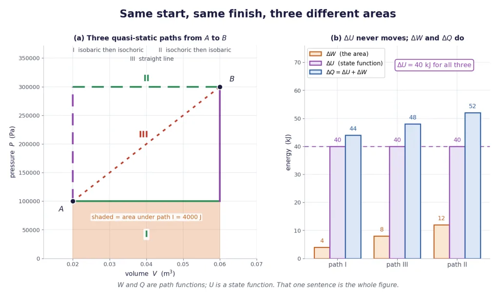 Three paths between the same two states enclose different areas and different work
