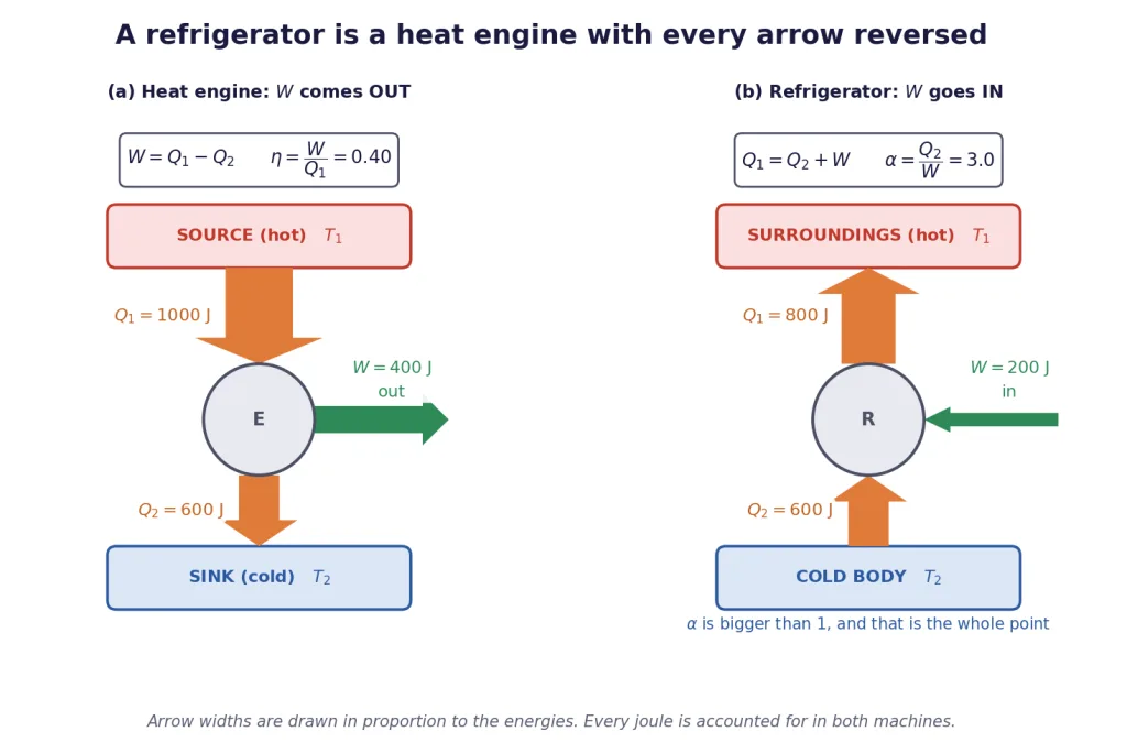 Heat engine beside a refrigerator, the same three arrows with directions reversed