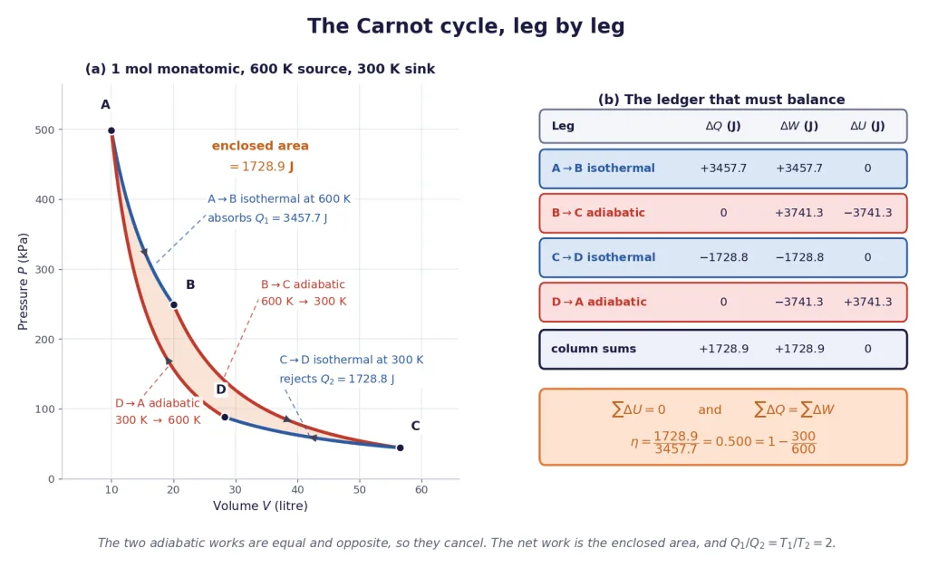 Carnot cycle on a pressure volume diagram with all four legs labelled