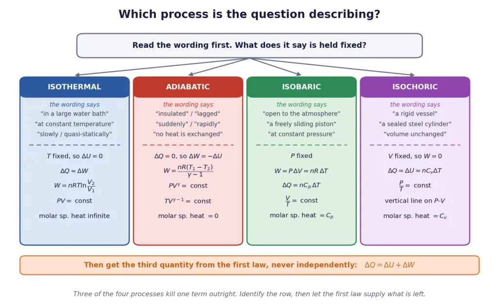 Decision chart matching question wording to isothermal adiabatic isobaric or isochoric