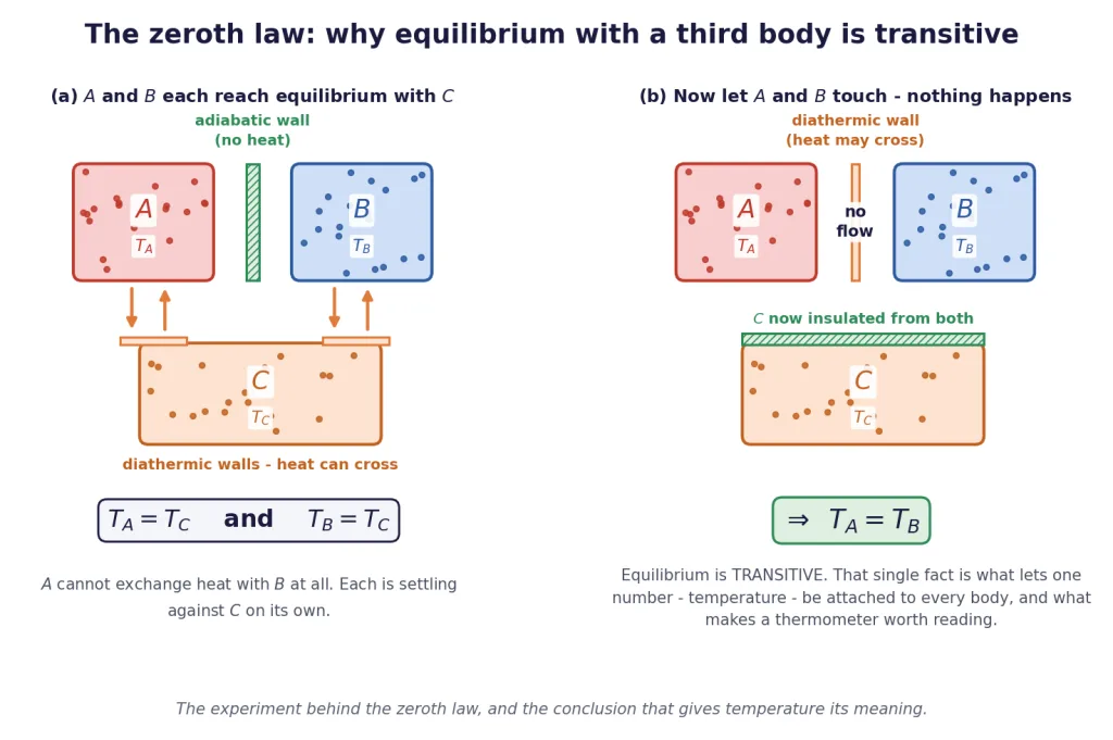 Zeroth law experiment: A and B each equilibrated with C, then joined