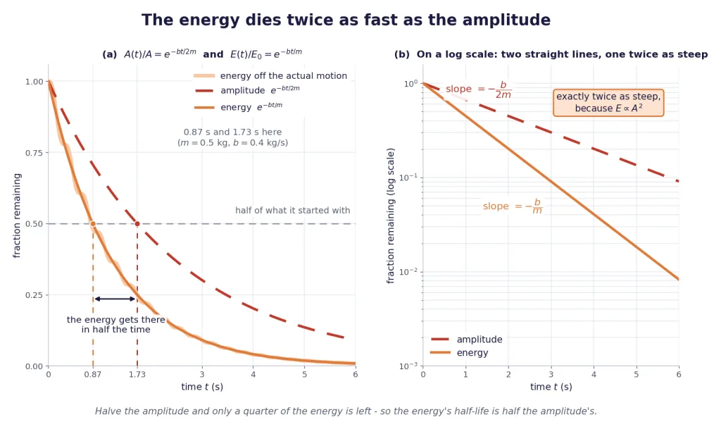Amplitude and energy decay curves with both half-lives marked, and log plot