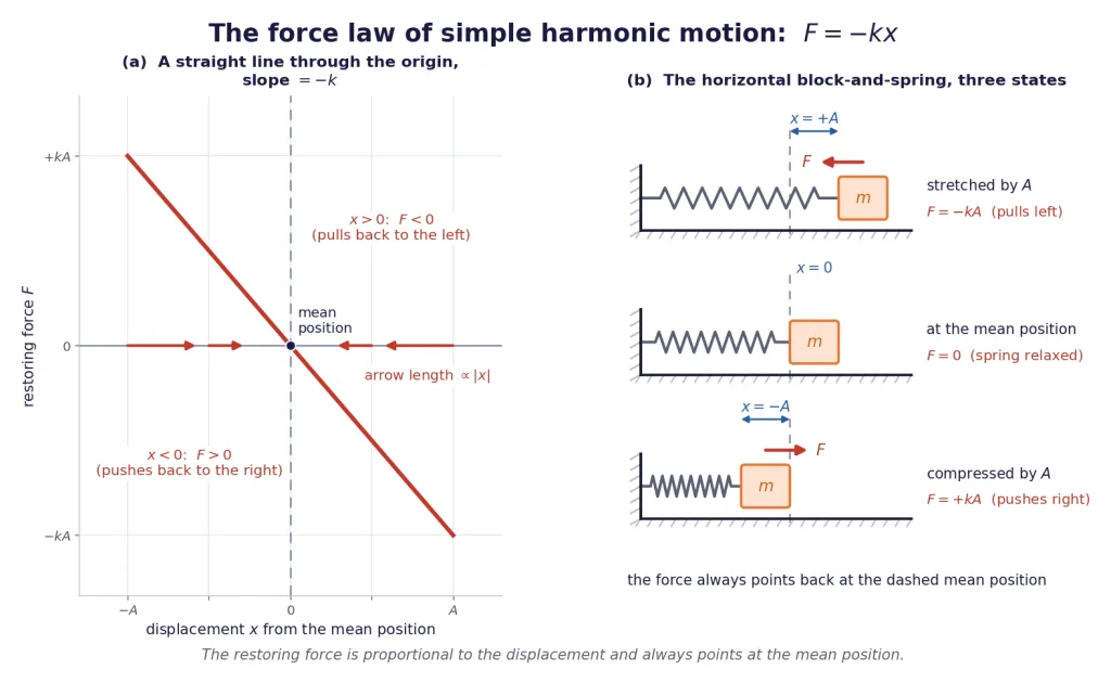 Restoring force versus displacement straight line and a block on a spring