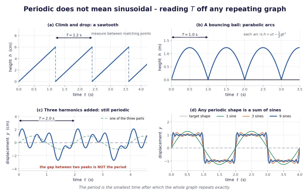 Four repeating graphs: sawtooth, bouncing ball, three added harmonics, square wave