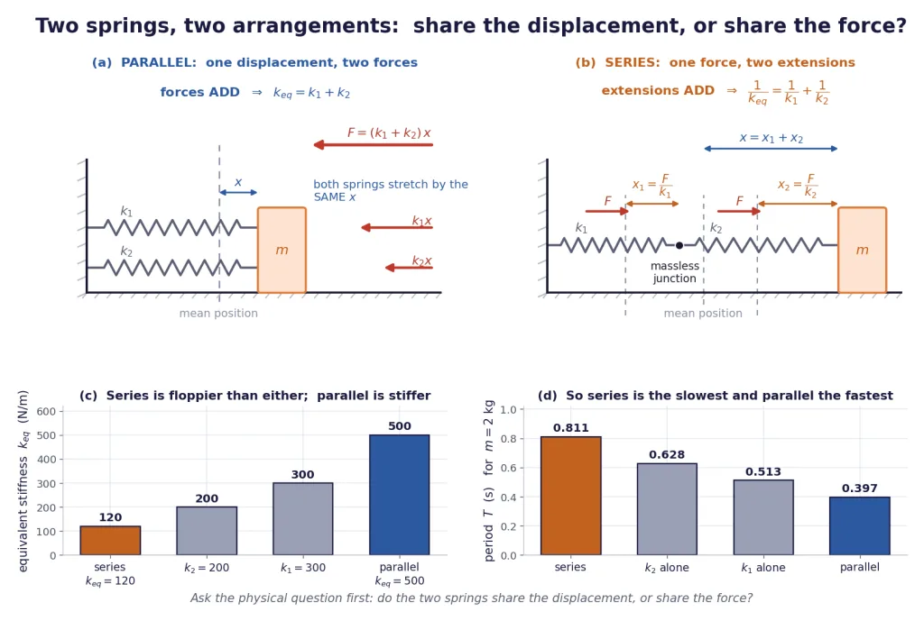Parallel and series springs drawn to scale with equivalent stiffness and period bars