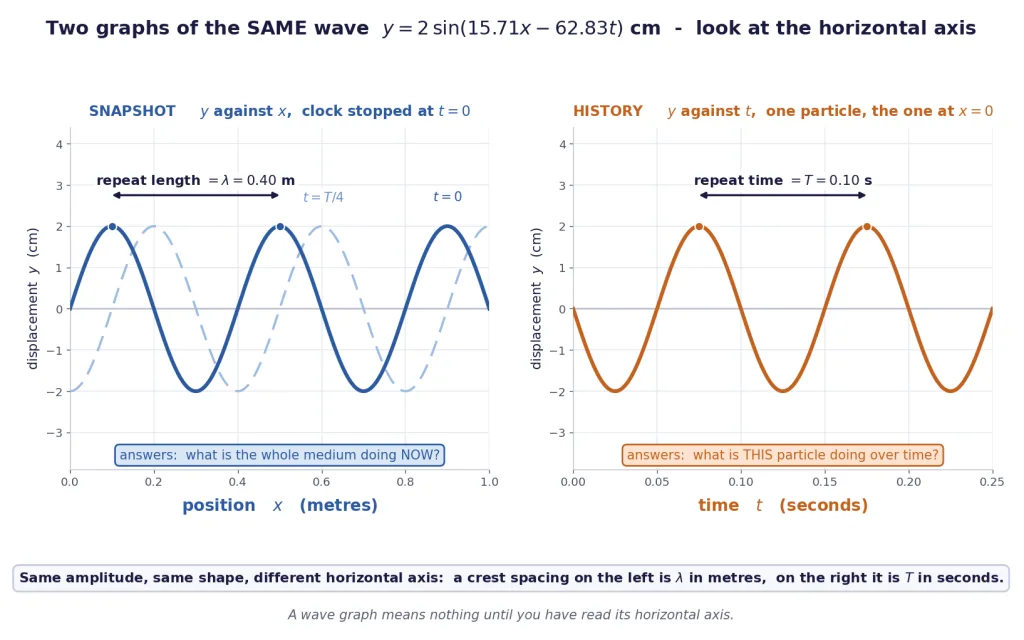 Snapshot against position and history against time for the same computed wave