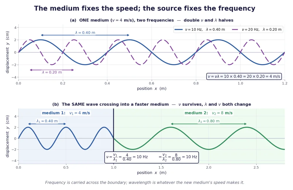 Two frequencies in one medium, and one wave crossing into a faster medium