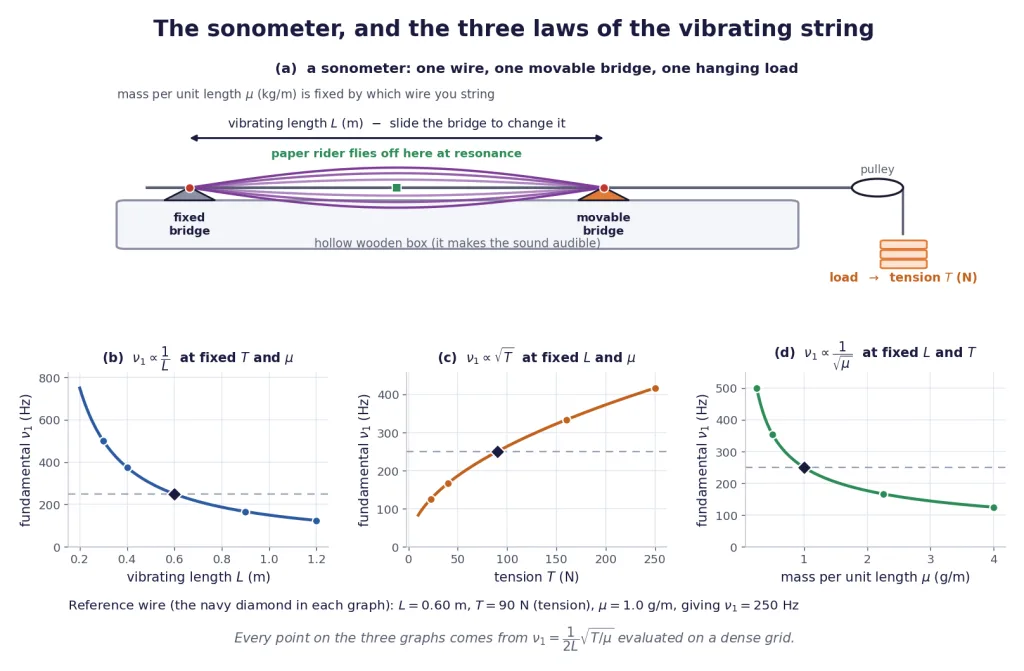 Sonometer with graphs of frequency against length, tension and mass per unit length