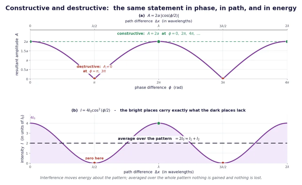 Amplitude and intensity plotted against phase difference and path difference