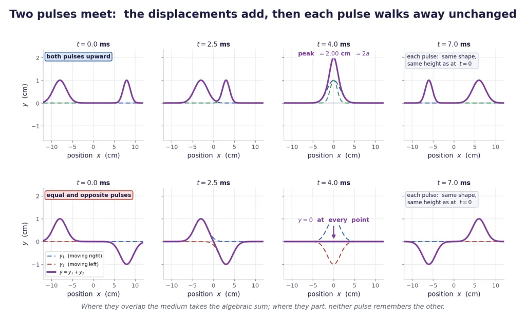 Two pulses meeting, adding, and separating unchanged, in eight frames