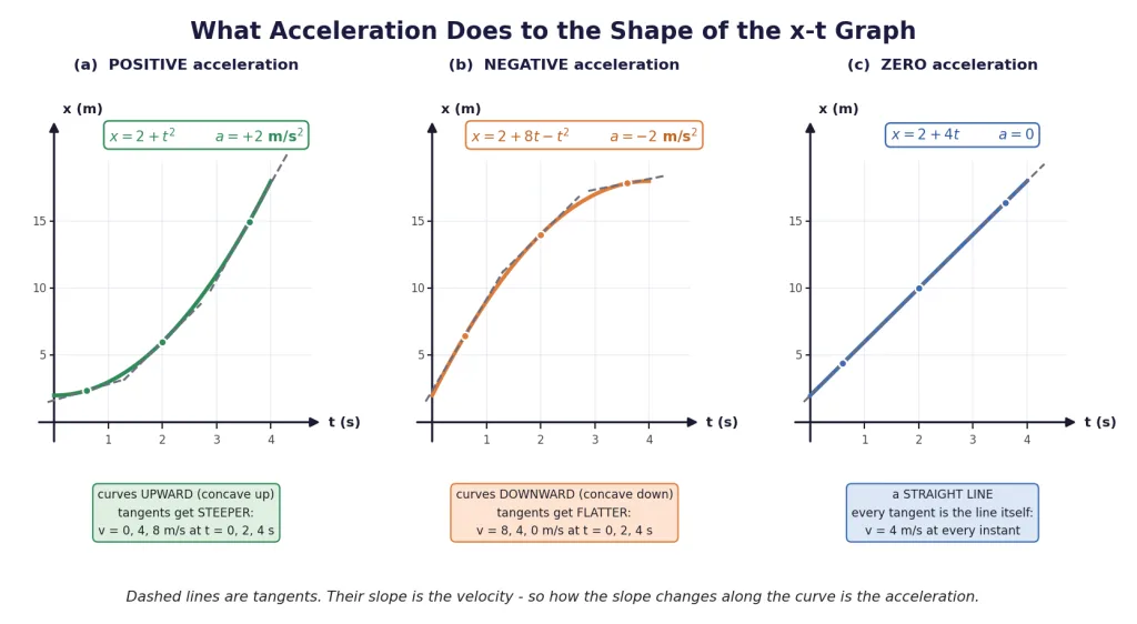 x-t graph shapes for positive, negative and zero acceleration